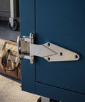 Rock Solid Zinc Alloy Cold Storage Door Hinges Heavy Duty Freezer Hinge Replacement For Walk In Cooler And Industrial Refrigeration 2 Pack, close-up view of hinge on cooler.