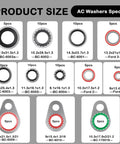 Product sizes for AC washers in Multi Size O Ring Kit For Car AC Repairs 139 Piece Set With 85 Washers And 54 Rubber Gaskets.