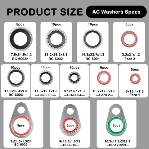 Product sizes for AC washers in Multi Size O Ring Kit For Car AC Repairs 139 Piece Set With 85 Washers And 54 Rubber Gaskets.