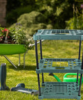 Heavy Badass Broom And Mop Organizer Rock Solid Corner Rack With Hella Durable Polypropylene Shelves And Reinforced Iron Frame, three-tier garden tool storage rack.