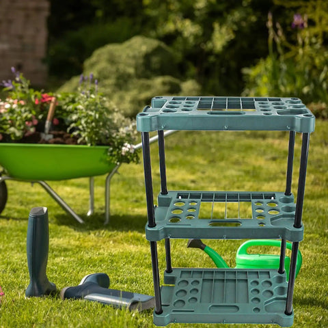 Heavy Badass Broom And Mop Organizer Rock Solid Corner Rack With Hella Durable Polypropylene Shelves And Reinforced Iron Frame, three-tier garden tool storage rack.