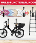 Heavy Duty 4 Piece 15 Inch Garage Storage Hooks Wall Mount Set Up To 100 Lbs Per Hook Jumbo Arm holding a surfboard, bike, and ladder