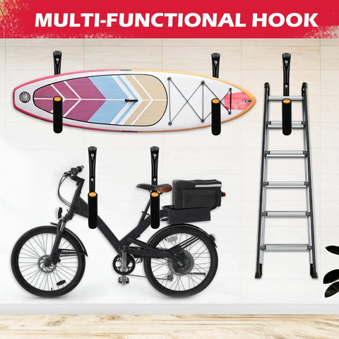 Heavy Duty 4 Piece 15 Inch Garage Storage Hooks Wall Mount Set Up To 100 Lbs Per Hook Jumbo Arm holding a surfboard, bike, and ladder