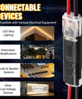 50 Pcs D2 Quick Connect Wire Connectors for LED strip lights, close-up with applications like automotive and audio systems