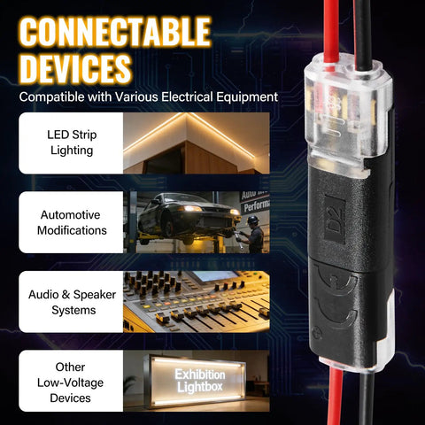 50 Pcs D2 Quick Connect Wire Connectors for LED strip lights, close-up with applications like automotive and audio systems