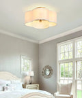 Four-Light Clover Drum Semi-Flush Ceiling Light With White Fabric Shade Close-To-Ceiling Fixture in bedroom setting