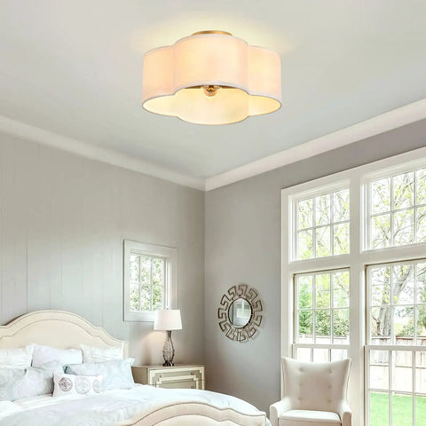 Four-Light Clover Drum Semi-Flush Ceiling Light With White Fabric Shade Close-To-Ceiling Fixture in bedroom setting