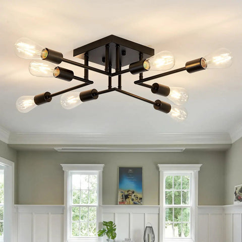 8 Light Semi Flush Mount Ceiling Light Fixture Dope Modern Metal Black Sputnik Chandelier with E26 Base in living room setting