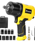Badass Half Inch Air Impact Wrench Delivers 1750 Ft Lbs Of Serious Torque At 8000 Rpm To Easily Break Loose Jammed Bolts Along With A Full 10 Piece Socket Kit.
