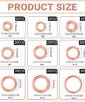200 Piece Copper Washer Kit For Cars showing metric crush washers and flat sealing gaskets sizes M5 to M14