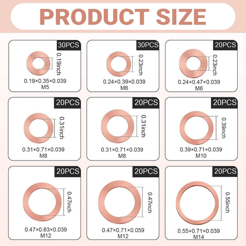 200 Piece Copper Washer Kit For Cars showing metric crush washers and flat sealing gaskets sizes M5 to M14