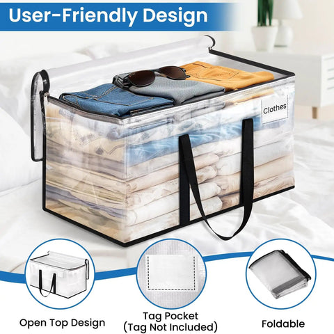 Heavy Duty Clear Moving Bags With Reinforced Handles And Double Zippers, Large Storage Totes packed with folded clothes