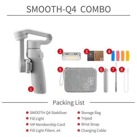 Smooth Q4 Combo Gimbal Stabilizer Dope Built In Extension Rod Portable Foldable Vlogging Rig accessories packing list.