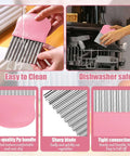 Crinkle Cutter, pink stainless steel wavy blade with non-slip pink PP handle, front view.
Side view of pink crinkle cutter with wavy blade and non-slip PP handle.
Close-up of the pink crinkle cutter's stainless steel wavy blade.
Dishwasher rack view with pink crinkle cutter being placed in the rack.