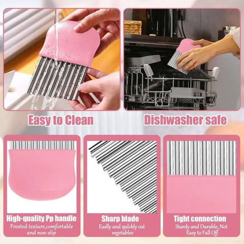 Crinkle Cutter, pink stainless steel wavy blade with non-slip pink PP handle, front view.
Side view of pink crinkle cutter with wavy blade and non-slip PP handle.
Close-up of the pink crinkle cutter's stainless steel wavy blade.
Dishwasher rack view with pink crinkle cutter being placed in the rack.