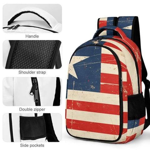 Antique Distressed Star Stripe Flag Printed Unisex Backpack with handle, shoulder strap, double zipper, and side pockets