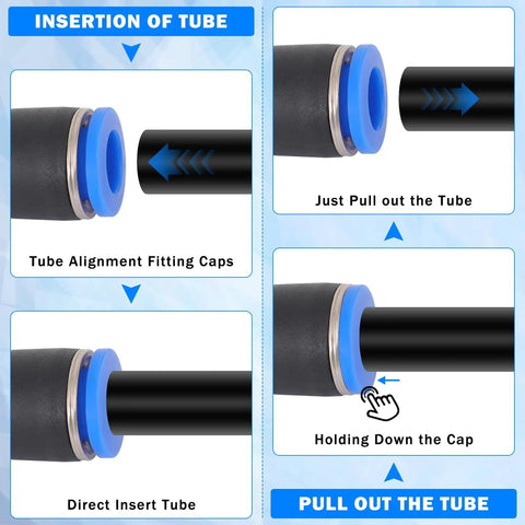 Dope 90 Piece Quick Connect Air Fittings Kit For Pneumatic Systems showing tube insertion and pull out process.