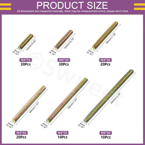 120 Piece Galvanized Carbon Steel Heavy Duty Fully Threaded Rod Kit In Six Handy Sizes M4 X 16mm, 20mm, 30mm, 40mm, 50mm, 60mm For Furniture Projects Machinery DIY Assembly. Size chart of M4 galvanized threaded rods, 16-60mm.