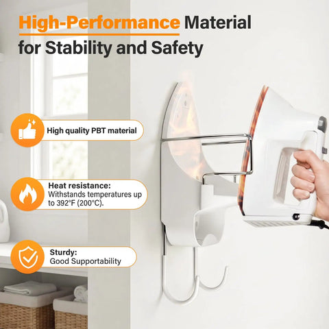 Space Saving Ironing Board Hanger Wall Mount For Laundry Room Storage Organizer White No Fuss Easy Mount This Heavy Duty Holder Fits Irons Up To Five Inches Wide Heat Resistant Up To Two Hundred Degrees shown with iron