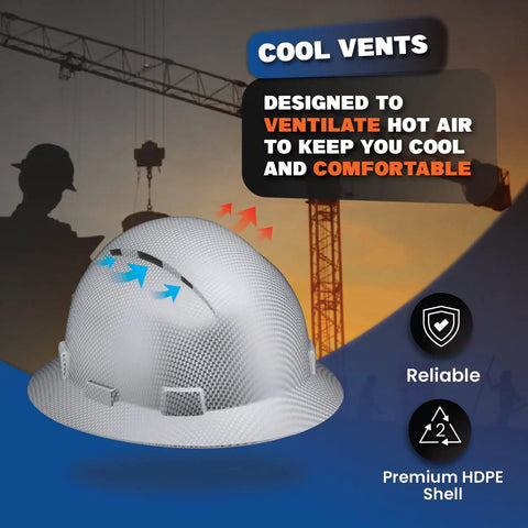Vented Full Brim Hard Hat With Padded Comfort In Blue Banshee For Construction OSHA Approved Head Safety Helmet For Men Featuring Lightweight HDPE Shell And All Day Worksite Protection Boss Level Shield with visible ventilation arrows highlighting cooling design on construction site background.
