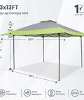Pop-Up Canopy Tent 13x13 Instant Shelter with Wheeled Carry Bag 150D Oxford Fabric Green Adjustable Height 3 Positions