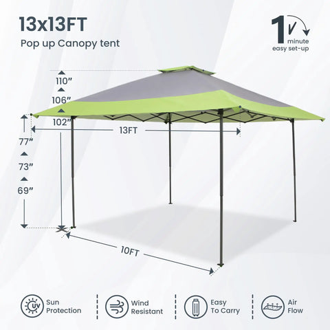 Pop-Up Canopy Tent 13x13 Instant Shelter with Wheeled Carry Bag 150D Oxford Fabric Green Adjustable Height 3 Positions
