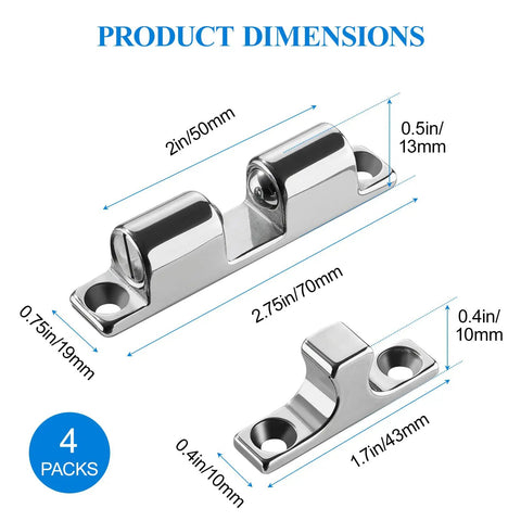Diagram of 4 Pack Double Ball Tension Double Roller Cabinet Catch 316 Stainless Steel With Mirror Polished Finish, dimensions shown.