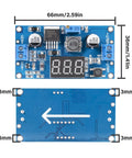 Adjustable LM2596 Buck Converter Module 4 to 40V Input 1.25 to 37V Output with LED Voltmeter Display, dimensions shown