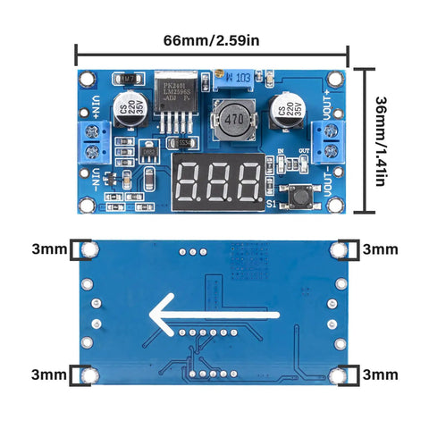 Adjustable LM2596 Buck Converter Module 4 to 40V Input 1.25 to 37V Output with LED Voltmeter Display, dimensions shown