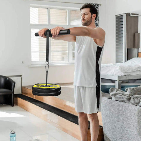 Man using Grip Gains Forearm Wrist Roller Exerciser For Strength Training And Rehab At Home Or Gym Builds Hand Strength And Forearm Power While Boosting Wrist Flexibility For Daily Workouts