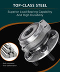 Front And Rear Wheel Bearing Hub Assembly 4 Piece Set For 2010 2014 Subaru Outback And Legacy 5 Lug With ABS Encoder 4 Bolt Square Flange Left Right Compatible, showing close-up with top-class steel material and flange design.