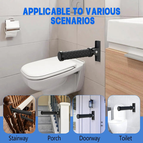 Heavy Duty Folding Grab Bar With Smooth Flip Action For Doorways And Stairs Space Saving Wall Mount Assist Handle next to toilet.