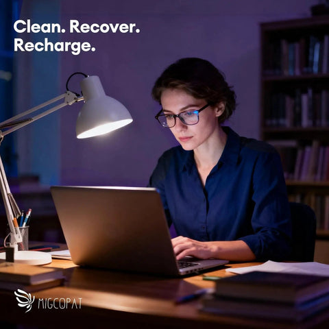 Person working at a laptop in a dimly lit room with text 'Clean. Recover. Recharge.' on the wall.