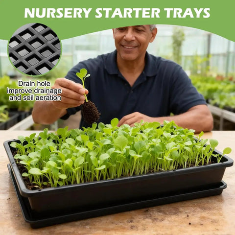 5 Pack Pro-Grade Grower-Friendly Soil Blocking Trays For Seed Germination And Drainage Water Collection, black plastic tray with greens