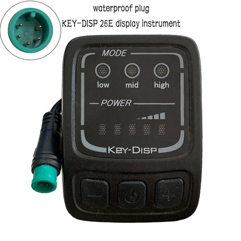 KD26E LED Display For 24V 36V 48V Electric Bikes with UART protocol and waterproof plug, showing power modes and button controls