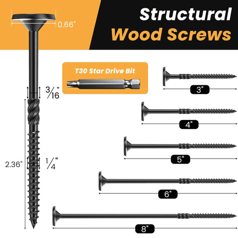 Heavy Duty Lag Screws Size 14 X 3 Inch 30 Pack With Torx T30 Star Bit For Structural Wood Outdoor Projects Alloy Steel Four Layer Coated ACQ Compatible Durable Fasteners DomiZen, showing various screw sizes.