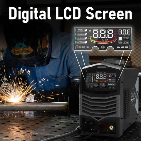 Sunstac 180A MIG Welder With Synergic LCD Control And Dual Voltage Power Up To 220V For Home Shop Projects supporting digital control panel.