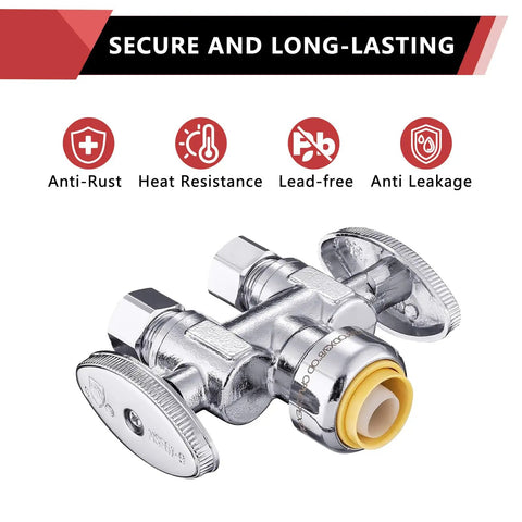 50-Piece Push-Fit One-Half Inch to Dual Three-Eighths Inch OD Compression Straight Stop Valve Set for Potable Water, One-Quarter Turn with Disconnect Clip Tool, Fits Copper PEX CPVC PE-RT, Lead-Free, Max 200 PSI, chrome dual outlet