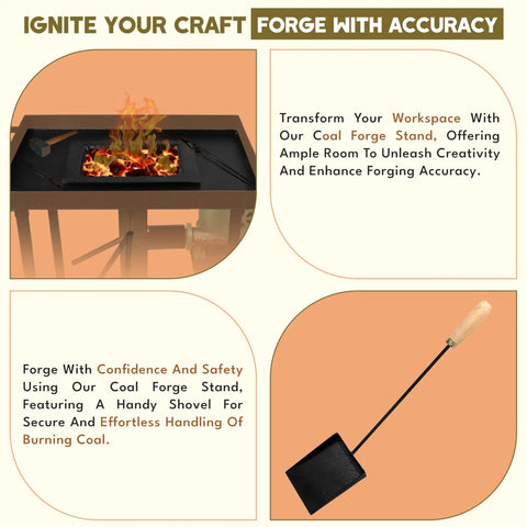 Beginner Friendly Coal Forge Stand With Hand Blower For Blacksmithing with burning coals and blacksmithing tools