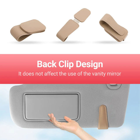 Nifty Beige Sunglass Holder For Car Sun Visor That Snaps Right On To Keep Your Shades Tickets And Spare Cash Securely Stowed During Daily Commutes Or Weekend Road Trips Always showing back clip design on sun visor.