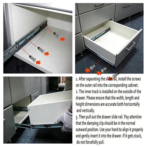 Heavy Duty Ball Bearing Drawer Slides For Cabinets And Furniture, Smooth Quiet Glide, Built To Last, Fits Panel Style Or Solid Wood Cabinets, Perfect For Wardrobes, Dressers, Nightstands, And Tatami Drawers; installed drawer slide rails in white cabinet