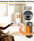 Person using remote to control Portable 1500W Indoor Space Heater, 15.5 inch tall tower, digital thermostat shown in a living room setting.