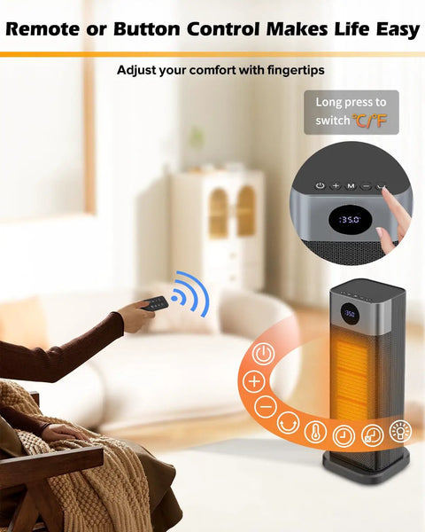 Person using remote to control Portable 1500W Indoor Space Heater, 15.5 inch tall tower, digital thermostat shown in a living room setting.