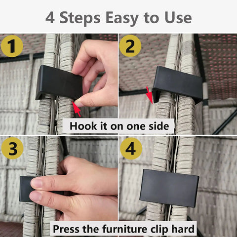 Four-step installation guide for black 10 Piece Outdoor Patio Furniture Clips Set For Sectional Sofas And Wicker Couches.