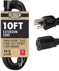 10 ft black extension cord with 3-prong plug and label detailing 15 amp, 125V, SJTW, for indoor outdoor use, vinyl sheathing.