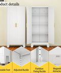 White Metal Storage Cabinet 61 Inch Heavy Duty Steel Cabinet With Doors And 3 Adjustable Shelves Built Tough For Home Office Kitchen Pantry Garage And School Four Compartments For Easy No Nonsense Organization, image of closed and open cabinet with detail features like adjustable feet and magnetic doors.