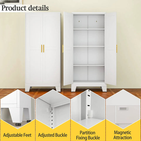 White Metal Storage Cabinet 61 Inch Heavy Duty Steel Cabinet With Doors And 3 Adjustable Shelves Built Tough For Home Office Kitchen Pantry Garage And School Four Compartments For Easy No Nonsense Organization, image of closed and open cabinet with detail features like adjustable feet and magnetic doors.