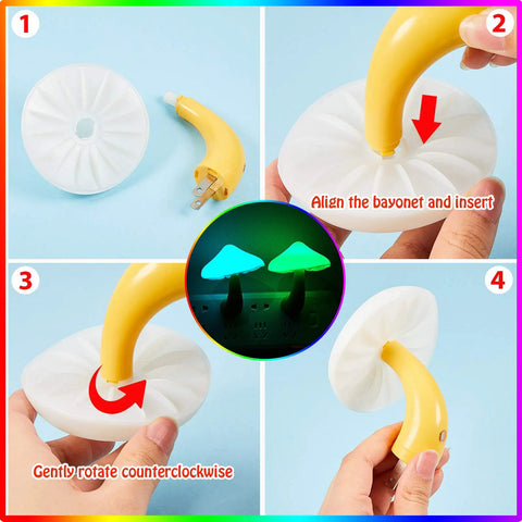 Step-by-step assembly of Two Pack Mushroom Night Light Plug In Wall Lamp With Sensor LED Nightlight Cute Mini For Kids Nursery Bedroom Decor Gift 7 Color Changing Soft Warm Glow For Night Time Comfort In Bedroom And Nursery