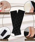 8 By 30 Inch Stair Treads 15 Piece Non Slip Peel and Stick Indoor Rug Runner for Wooden Steps Black Keeps Your Family Safe From Slips and Pets, Kids and Dogs Friendly With A Grip That Sticks shown with hand applying without residue and foot for comfort