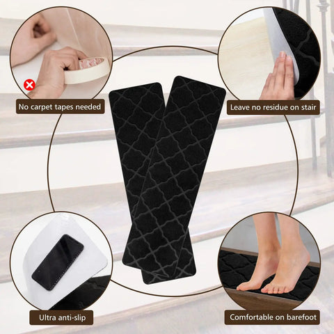 8 By 30 Inch Stair Treads 15 Piece Non Slip Peel and Stick Indoor Rug Runner for Wooden Steps Black Keeps Your Family Safe From Slips and Pets, Kids and Dogs Friendly With A Grip That Sticks shown with hand applying without residue and foot for comfort